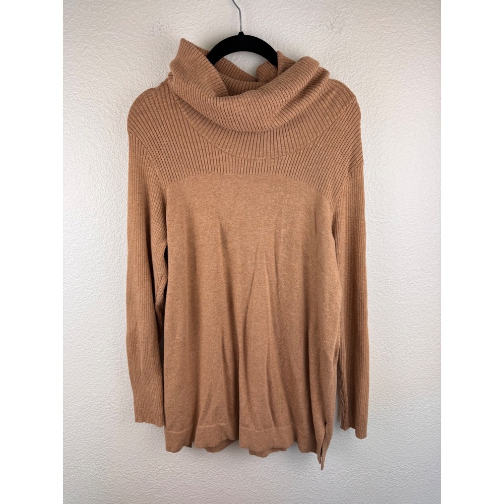 Chicos Womens Size 2 L Tan Cowl Neck Ribbed Knit‎ Sweater CottonCashmere